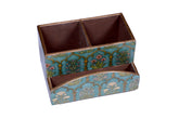 Wooden Cutlery Caddy – Vintage Turquoise Blue with Floral Design